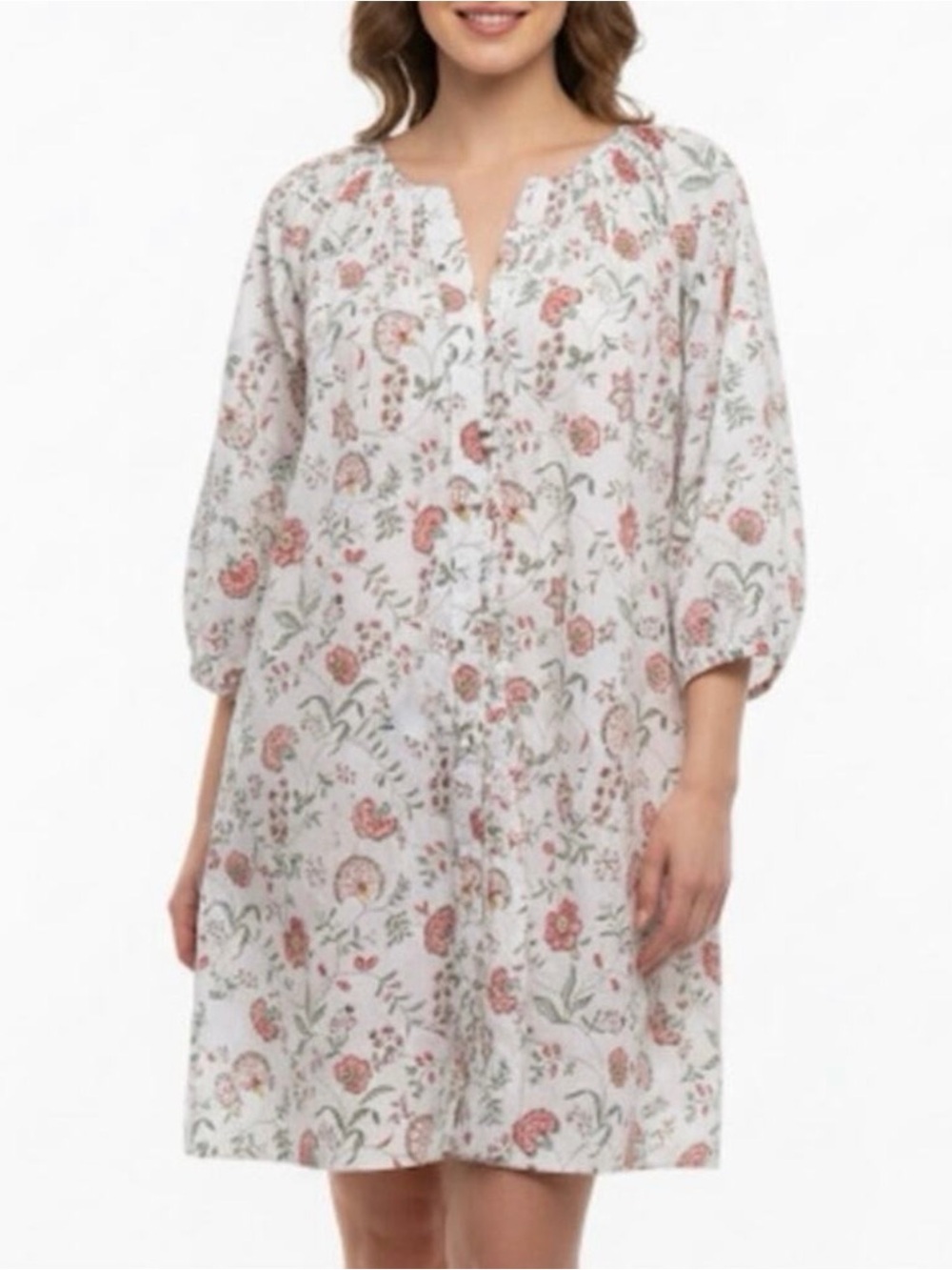 Button-Front Floral Shift Dress in White with Pink & Green